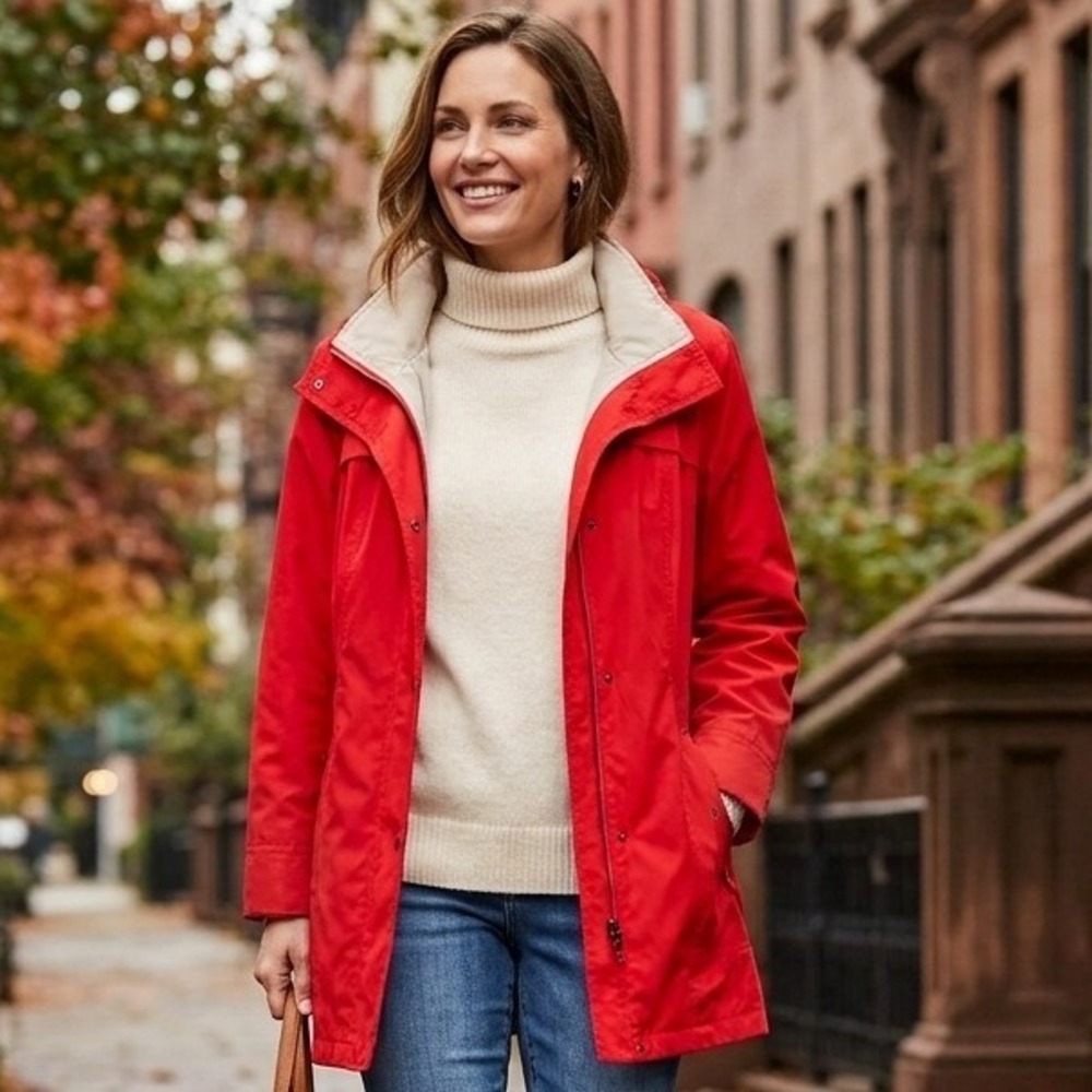 Coldwater Creek Rain Jacket Coat Women Medium Red Removable Lining Zip Button
